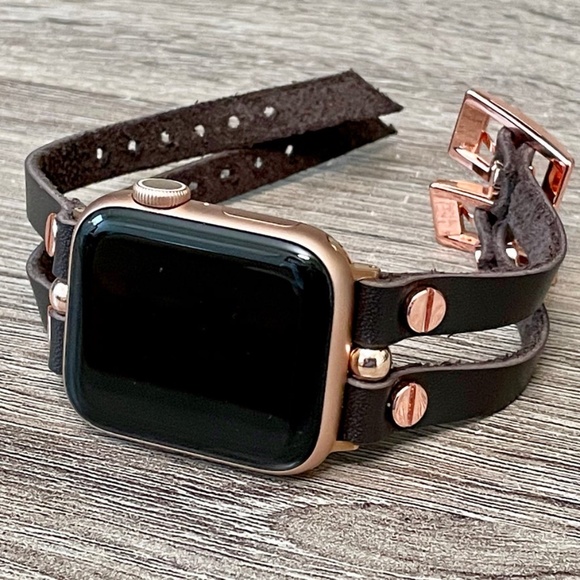 Double Strap Dark Brown Leather Apple Watch Series 7 RoseGold Jewelry Bracelet main image 4